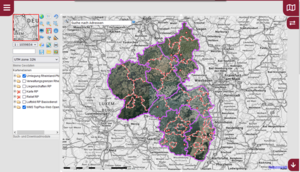 Darstellung des Geodienstes zu Umlegungsverfahren Rheinland-Pfalz im Geoportal Rheinland-Pfalz